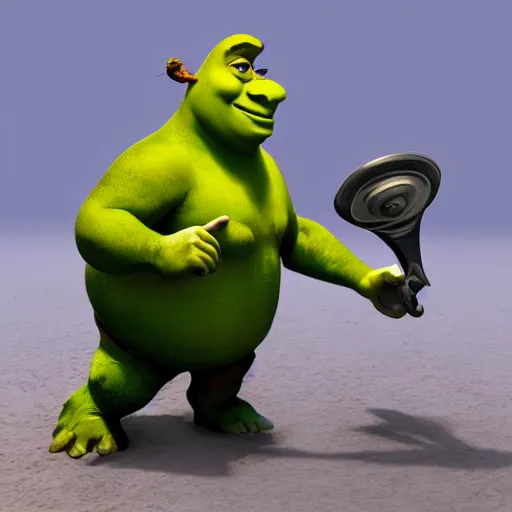 Image similar to shrek fighting a computer, half body shot, path traced, fight scene, highly detailed, high quality, digital painting