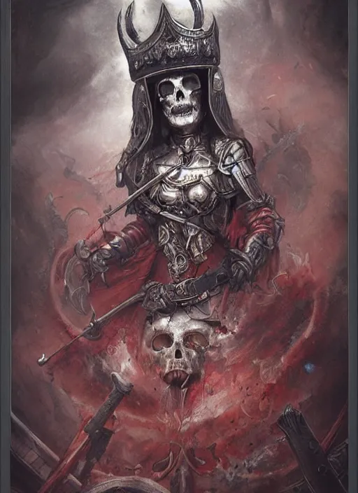 Image similar to Queen of Hearts wearing Viking War Helmet, Death Tarot card,highly detailed,half skull face,cinematic,8k,by Stanley Artgermm,Tom Bagshaw,Greg Rutkowski,Carne Griffiths, Ayami Kojima, Beksinski, Giger,trending on DeviantArt,hyper detailed,horror, full of colour