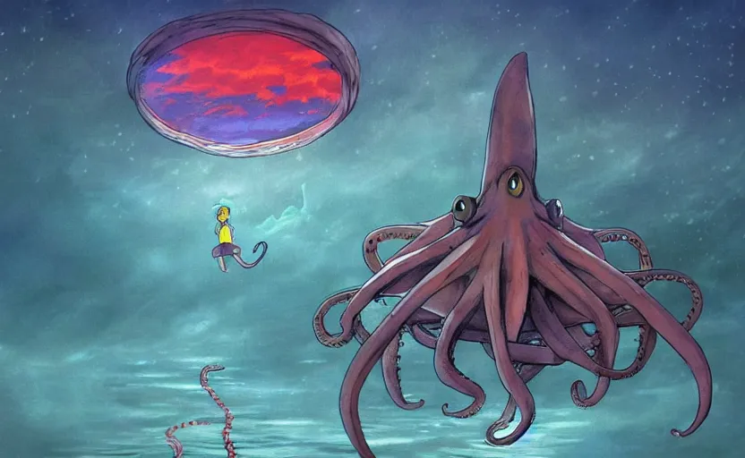 Image similar to a realistic cell - shaded studio ghibli concept art from paprika ( 2 0 0 6 ) of a flying multi - colored octopus from close encounters of the third kind ( 1 9 7 7 ) and dimensional portal to another world above a flooded pyramid complex on a misty starry night. very dull colors, wide shot, hd, 4 k, hq