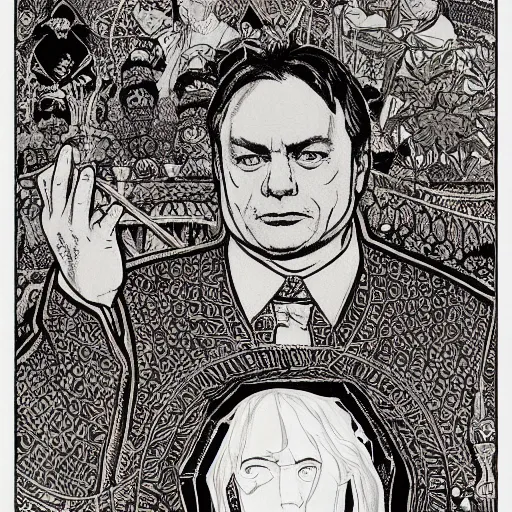 Prompt: viktor orban on a detailed ivan bilibin and edmund dulac and ilya kuvshinov and katsuhiro otomo inspired print