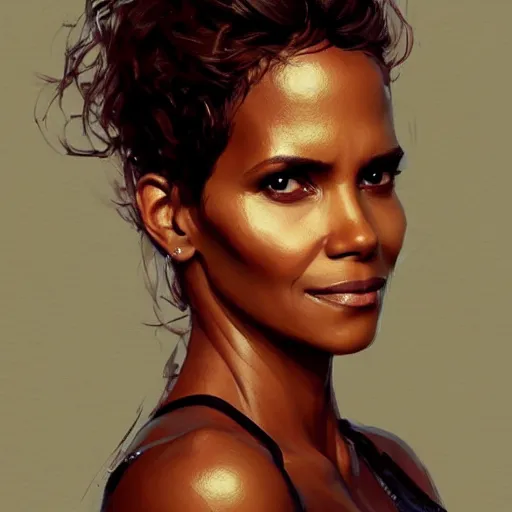 Image similar to “ portrait of halle berry by greg rutkowski, young, attractive, highly detailed portrait, scifi, digital painting, artstation, concept art, smooth, sharp foccus ilustration, artstation hq ”