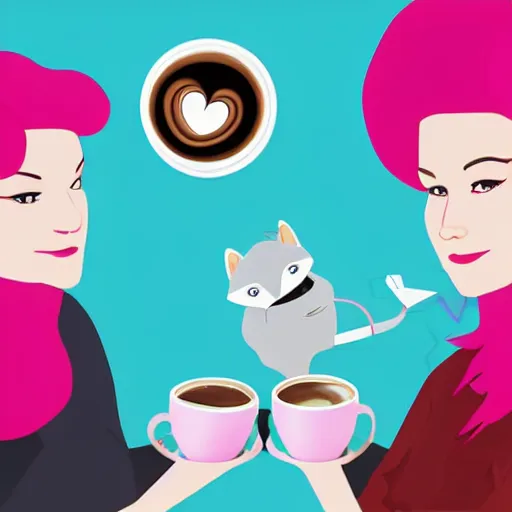 Prompt: captain janeway sharing coffee with a robotic fox with pink hair, inside a french cafe, digital art