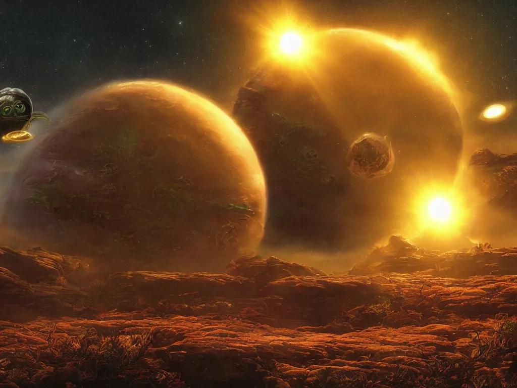 Image similar to alien planet full of weird vegetation and beautiful creatures, twin suns set on the horison as a spaceship melts through the sky