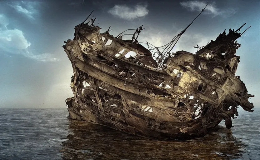 Image similar to “Pirate ship wreck falling off a Floating island from the sky, 4k, cinematic, award winning”