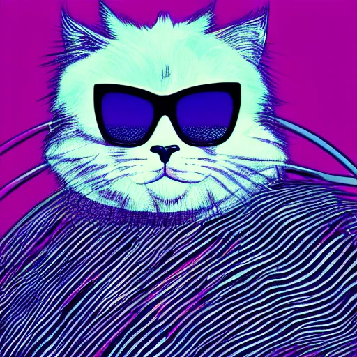 Prompt: the fluffiest cat in the entire Universe, wearing sunglasses, synthwave style, illustration