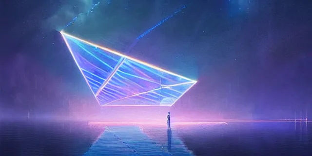 Image similar to beautiful glowing cubes all interconnected to each other with light beams, atmospheric lighting, intricate, volumetric lighting, beautiful, sharp focus, ultra detailed, in the art style of bowater, charlie, brom, gerald, lake baikal in the background, astrophotography