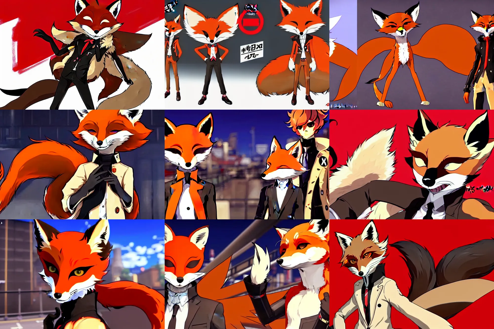 Image similar to a furry tan male fox on a persona 5 : royal ( by atlus ) video game splash screen, a furry male sandy sand - colored beige tan fur fox fursona ( has light brown hair ), persona 5 phantom thief style