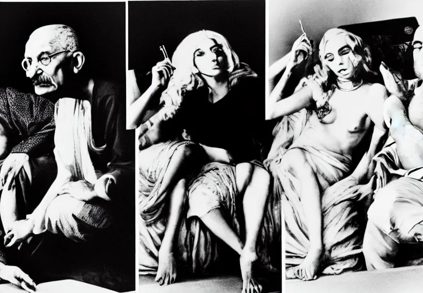 Image similar to smoke session for the ages: Gandhi , Obama, Jesus, And Lady GaGa smoking a fat blunt on a sofa by Andy Warhol, photograph