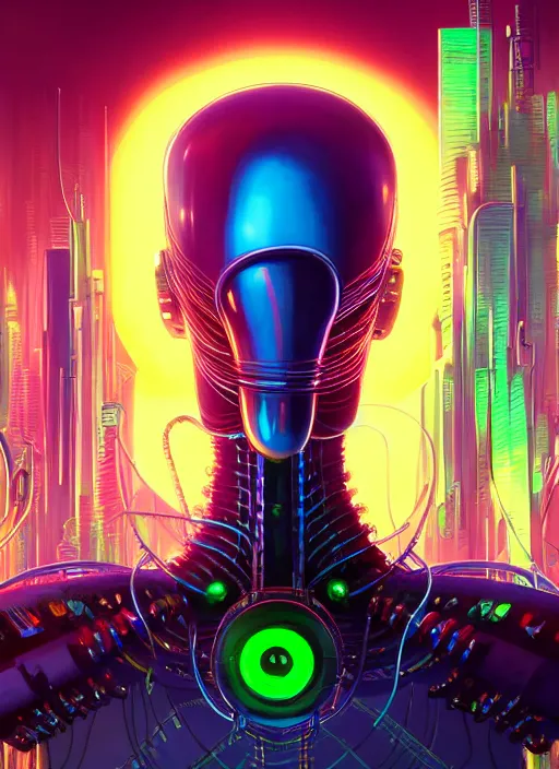 Image similar to portrait bender from futurama inside an scifi tentacles wires futuristic city, beautiful neon cats, cinematic, highly detailed, photorealistic, rich bright colors, trending on artstation, giger, tsutomu nihei, trending on cgsociety, awe inspiring bruce pennington cityscape, digital art painting of 1 9 6 0 s