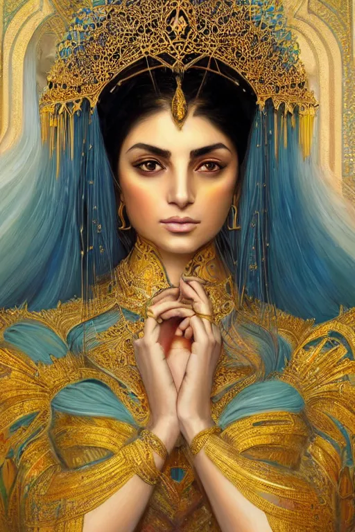 Image similar to Beautiful portrait of a Persian Princess who is an architect, beautiful princess, face painting, architecture, persian style architecture, dramatic lighting, intricate, wild, highly detailed, digital painting, artstation, concept art, smooth, sharp focus, illustration, gold+yellow+white+Turquoise, art by artgerm and greg rutkowski and alphonse mucha, footage from space camera