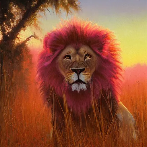 Image similar to twin flame lioness and lion art pink sunset hue highly detailed oil painting hue by craig mullins