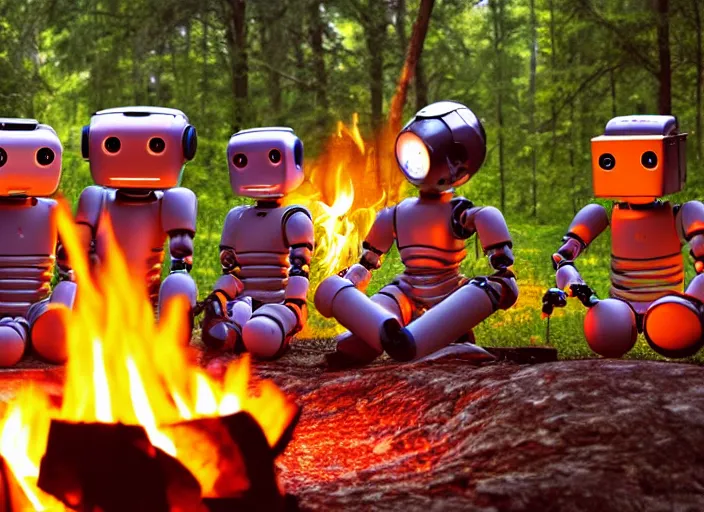 Image similar to 3 artistic robots sitting around a campfire, robots, campfire, chill, campfire song, robots, sitting in a circle