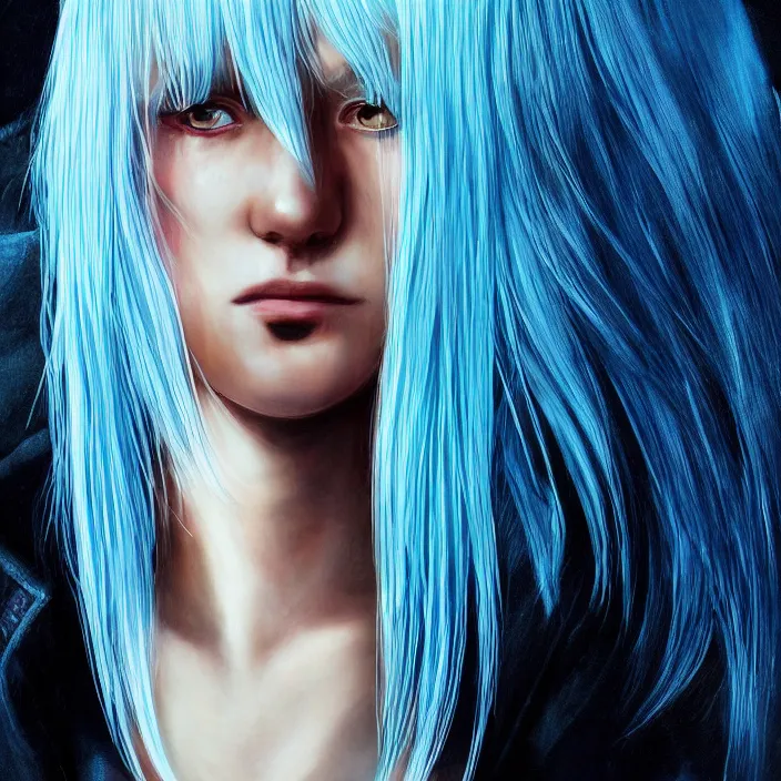 Image similar to full face shot of rimuru tempest, sky blue straight hair, long bangs, with amber eyes, wearing a black jacket, high collar, ultra detailed, concept art, award winning photography, digital painting, cinematic, wlop artstation, closeup, pixiv, evil, yoshitaka amano, andy warhol, ilya kuvshinov,