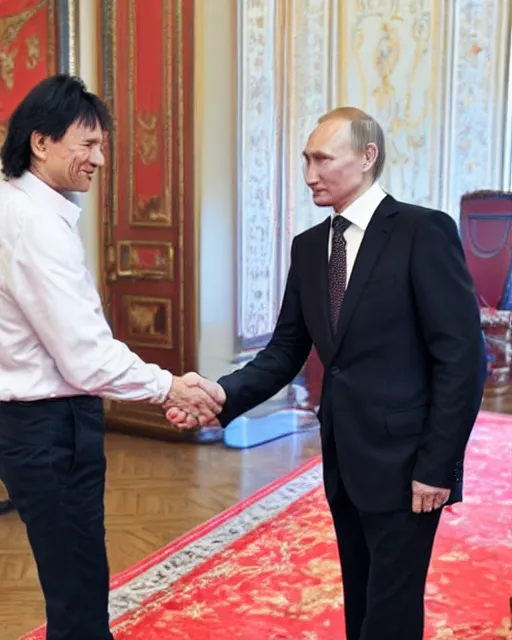 Prompt: sixty years old viktor tsoi in a business suit shaking hands with vladimir putin, joyful look, kremlin, mscow, color photo, in the style of documentary journalism, mid shot photo, digital photo, 4 k