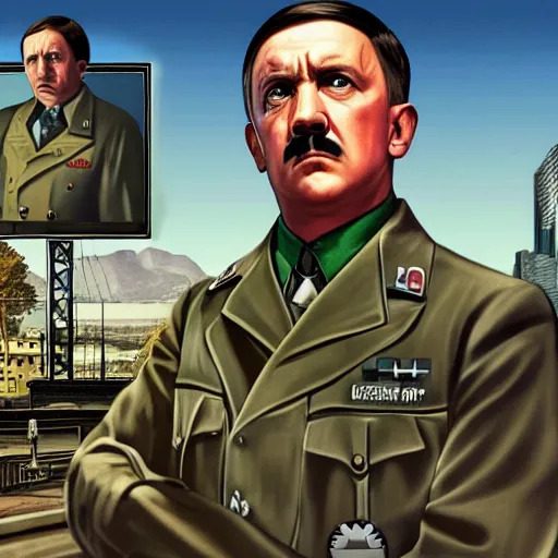 Image similar to adolf hitler in gta v, cover art by stephen bliss, boxart, loadscreen