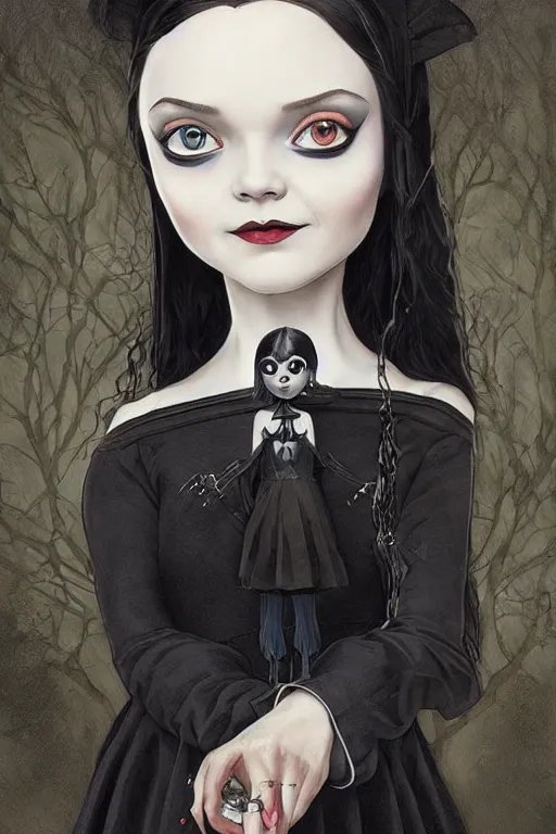 Image similar to beautiful cottagecore Wednesday Addams holding a Coraline doll, Black Hair, Goth, gothic, castlevania, intricate, elegant, highly detailed, digital painting, artstation, concept art, smooth, sharp, focus, illustration, art by artgerm and greg rutkowski and alphonse mucha