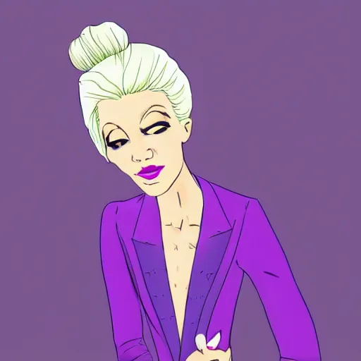 Prompt: a tall skinny blonde bunny woman with her hair in a bun and purple eyes, wearing a dark purple suit, cartoony