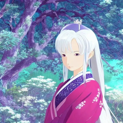 Image similar to Portrait of a japanese princess young lady, with white hair and bangs!!!! beauty artwork by Makoto Shinkai, Studio Ghibli, white hair, ayaka genshin impact, ayaka, ayaka game genshin impact, ayaka, extremely detailed, beautiful, establishing shot, artistic,