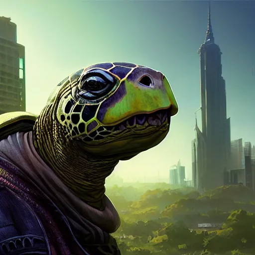 Image similar to highly detailed portrait turtle 🤖 in gta v, stephen bliss, unreal engine, fantasy art by greg rutkowski, loish, rhads, ferdinand knab, makoto shinkai and lois van baarle, ilya kuvshinov, rossdraws, tom bagshaw, global illumination, radiant light, detailed and intricate environment