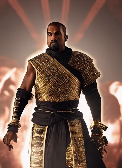 Image similar to kanye west as emperor napoleon in mortal kombat, splash art, movie still, cinematic lighting, dramatic, octane render, long lens, shallow depth of field, bokeh, anamorphic lens flare, 8 k, hyper detailed, 3 5 mm film grain