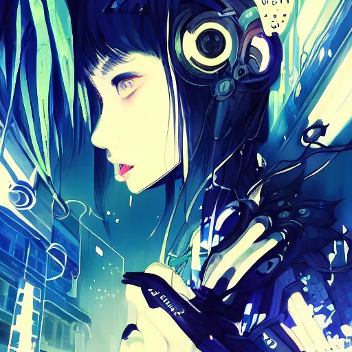 Image similar to Frequency indie album cover, luxury advertisement, blue filter, blue and black colors. Clean and detailed post-cyberpunk sci-fi close-up schoolgirl in asian city in style of cytus and deemo, blue flame, relaxing, calm and mysterious vibes, by Tsutomu Nihei, by Yoshitoshi ABe, by Ilya Kuvshinov, by Greg Tocchini, nier:automata, set in half-life 2, Matrix, GITS, Blade Runner, Neotokyo Source, Syndicate(2012), dynamic composition, beautiful with eerie vibes, very inspirational, very stylish, with gradients, surrealistic, dystopia, postapocalyptic vibes, depth of field, mist, rich cinematic atmosphere, perfect digital art, mystical journey in strange world, beautiful dramatic dark moody tones and studio lighting, shadows, bastion game, arthouse