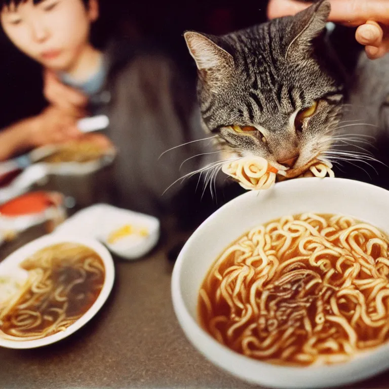 Image similar to photo of a brownish gray tabby cat eating ramen in san francisco, cinestill 8 0 0 t film, cinematic, 4 0 mm f / 2. 8