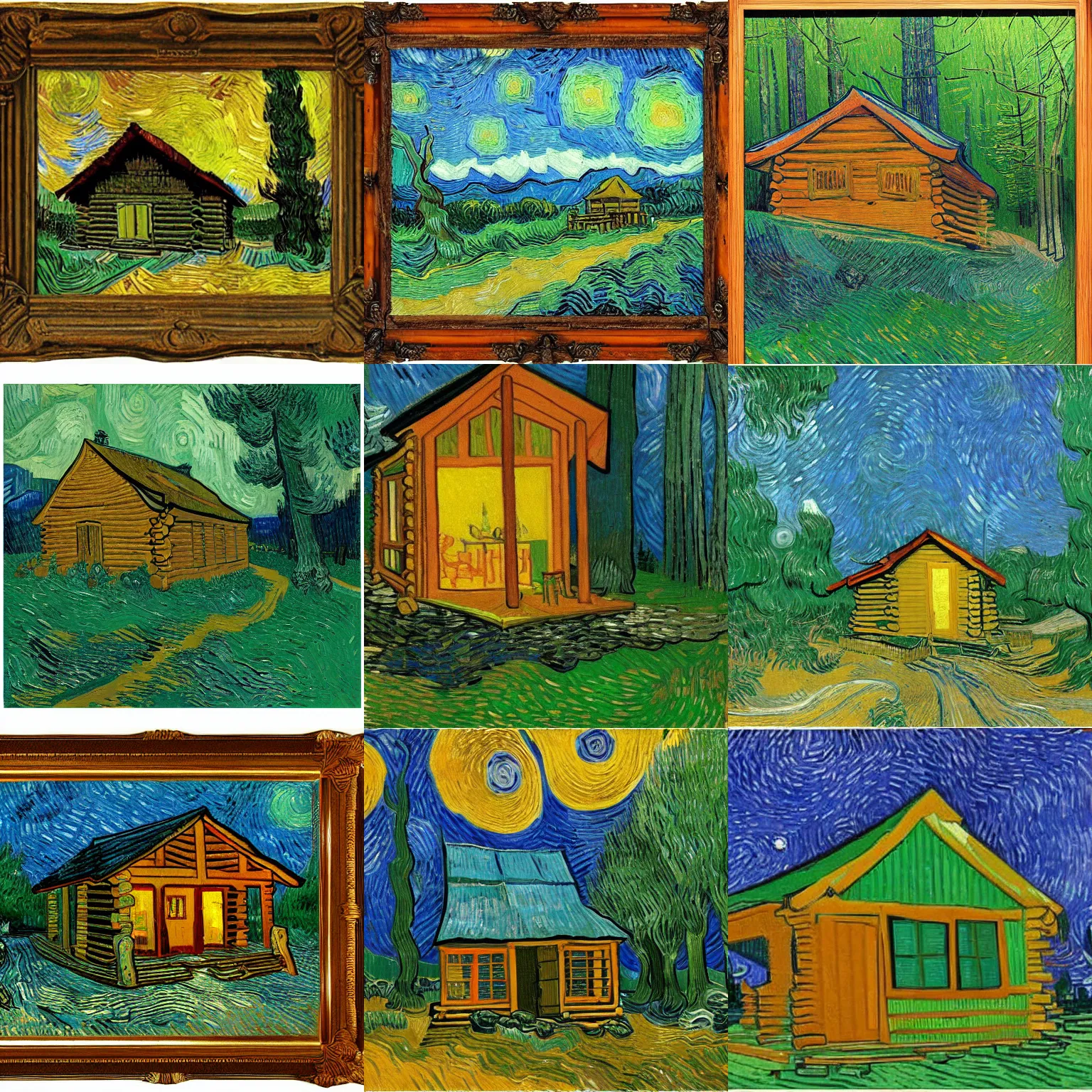 Prompt: [ a log cabin in the forest ] [ van gogh ] [ modern ]