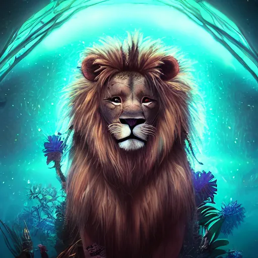 Image similar to bioluminescent cute furry lion on a dreamy biome of oddities, enchanted, magical, fantasy, hyper realism, intricate, digital art, detailed, studio shot, unreal engine 5, octane, high definition, smooth, artstation, behance