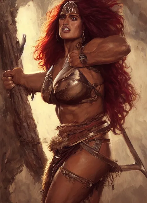 Prompt: portrait of very muscled Salma Hayek as barbarian with axe drawn hiding from a few scary creepy mummies, elegant, highly detailed, centered, digital painting, artstation, concept art, artgerm, donato giancola, Joseph Christian Leyendecker, WLOP, Boris Vallejo, Artgerm