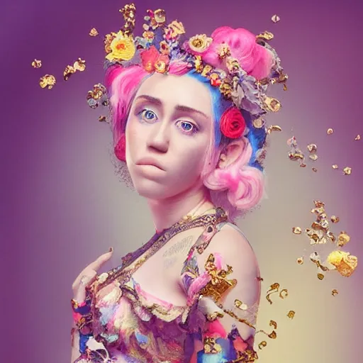 Prompt: “ 8 k, octane render, realism, tonalism, renaissance, rococo, baroque, portrait of miley cyrus wearing long - harajuku manga - dress with flowers and skulls, cotton candy!! ( background chaotic gold leaf flowers ) ”