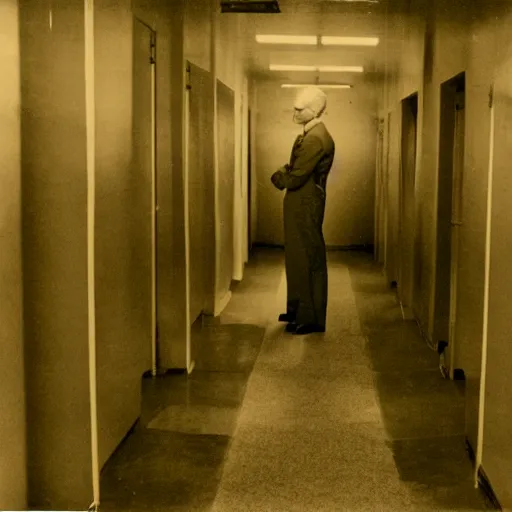 Image similar to a 1 9 5 0 s male scientist wearing a lab coat standing lost in the backrooms, mono - yellow old moist carpet, empty liminal space, very dark shadows, broken fluorescent lighting, horror movie scene, film grain