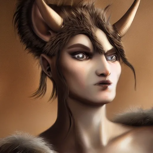 Image similar to fantasy portrait of female Minotaur with brown and white fur, close up, concept art