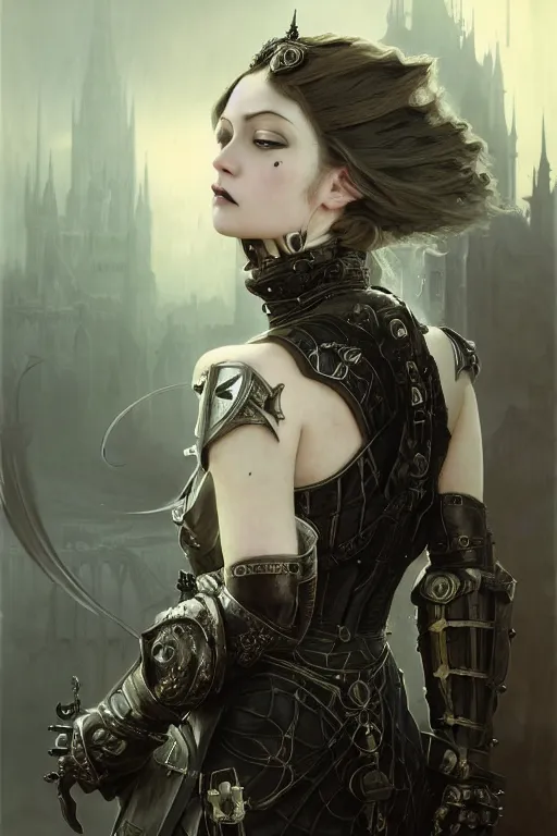 Image similar to beautiful and gothic and evil and dieselpunk young medieval female knight portrait +smoky eyes+front face with light flowing hair, ultradetail face, art and illustration by tian zi and craig mullins and WLOP and alphonse mucha, fantasy, intricate complexity, human structure, human anatomy, fantasy character concept, watermark, blurry, hyperrealism 8k