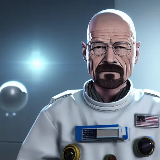 Image similar to 3 d render of walter white wearing shorts in space, 4 k image, space themed, unreal engine