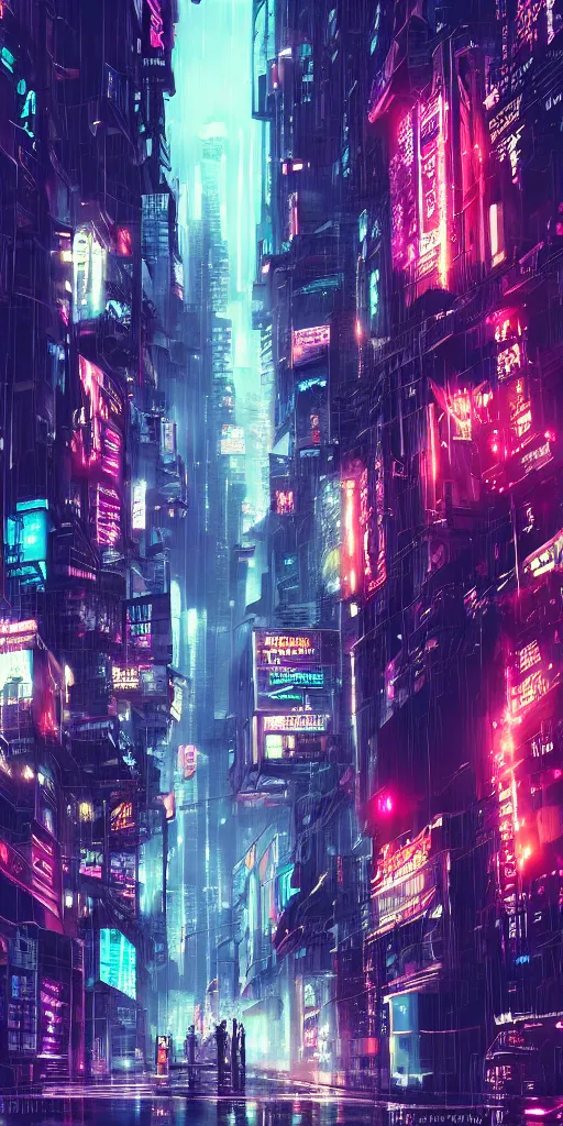 Prompt: Cyberpunk city, night, neon signs, rain, silhouettes, trending on ArtStation