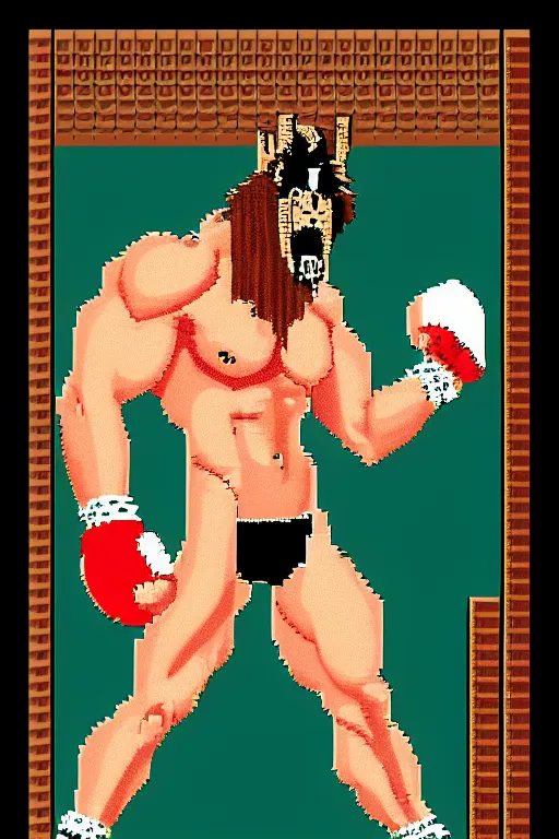 Image similar to extreme long shot. 8 bit nes graphics. hermann nitsch. antropomorphic muscular masculine wolf. kickboxer fighter, in shorts. wolf head. art from nes game cartridge,