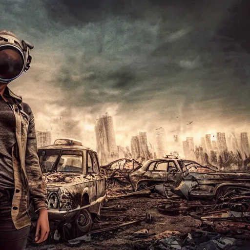 Prompt: pretty face, wide angle lens, photorealistic, 4k, background of destroyed city post apocalyptic, steakpunk, soft lighting, portrait, style of gigar, GIGAR, horror alien gigar