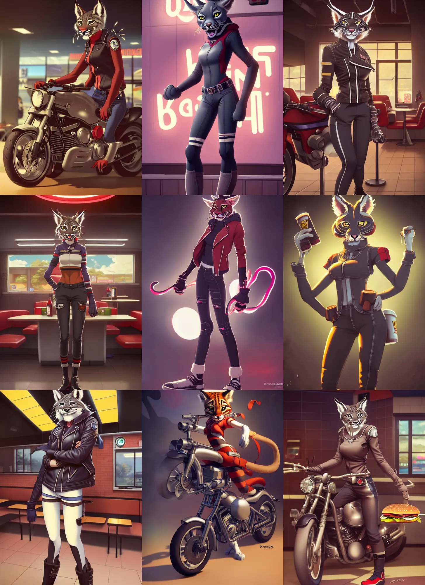 Prompt: wide angle beautiful full body portrait of a strong female anthropomorphic anthro lynx fursona wearing biker clothes inside a burger king. character design by disney, anime, manga, charlie bowater, ross tran, artgerm, and makoto shinkai, detailed, soft lighting, rendered in octane