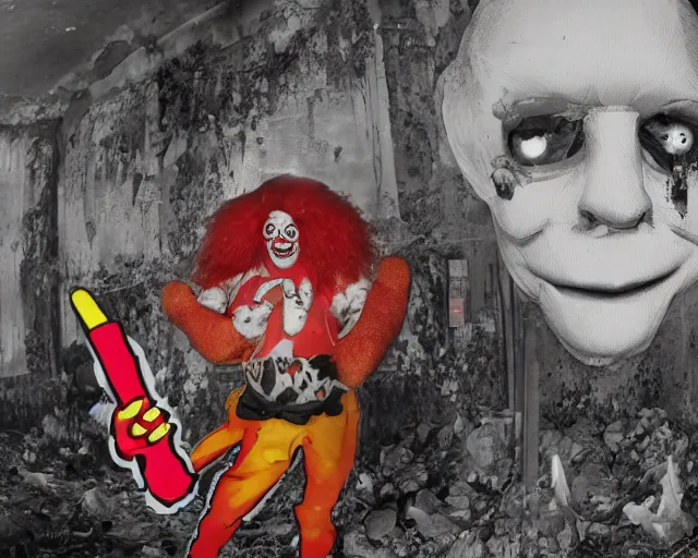 Image similar to camera footage of a extremely aggressive Vomiting Ronald McDonald with a knife and glowing white eyes, False Human Features, in an abandoned shopping mall, Psychic Mind flayer, Terrifying, Insane Ronald McDonald :7 , high exposure, dark, monochrome, camera, grainy, CCTV, security camera footage, timestamp, zoomed in, Feral, fish-eye lens, Fast, Radiation Mutated, Nightmare Fuel, Ancient Evil, No Escape, Motion Blur, horrifying, lunging at camera :4 bloody dead body, blood on floors, windows and walls :5