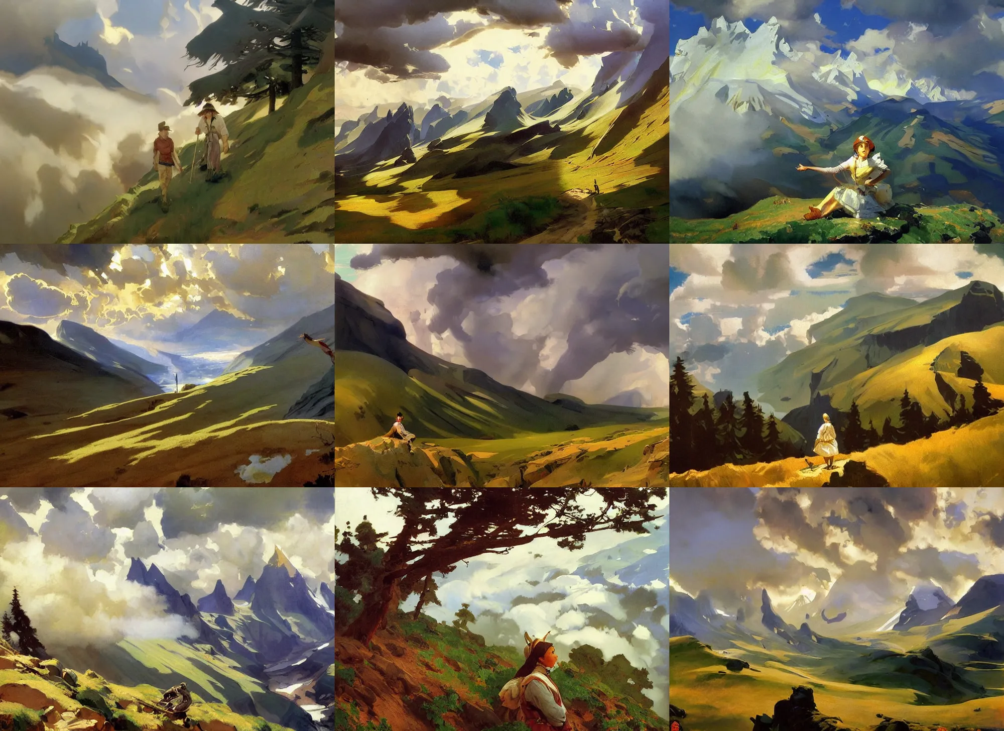 Prompt: painting by sargent and leyendecker and greg hildebrandt savrasov levitan polenov, studio ghibly style mononoke, middle earth above the layered low clouds road between forests trees river lakes stones alpes mongolia faroe azores overcast storm masterpiece