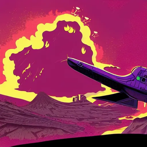 Image similar to a purple dragon blowing green fire fighting a retro spaceship with a volcano in the background, concept art by kilian eng