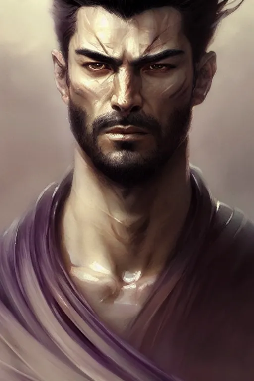 Prompt: highly detailed face portrait of a handsome and muscular ronin, square masculine facial features, short messy hair, surrounded by fog, art by greg rutkowski and artgerm and peter mohrbacher, intricate, samurai, concept art, purple color palette, digital painting, trending on artstation, smooth, sharp focus, vibrant colors