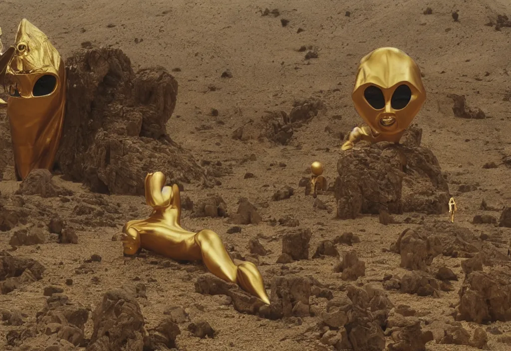 Prompt: mick jagger dressed in golden costume with jewels in a dry rocky desert landscape, with alien sand city designed by giger and giant alien spaceship in the sky attacks the earth by christopher doyle and alejandro jodorowsky, anamorphic lens, kodakchrome, cinematic composition, masterpiece, 8 k