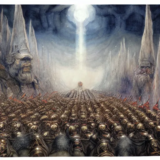 Image similar to dwarven cave fleet day, dwarven military parade, illustration by Alan Lee