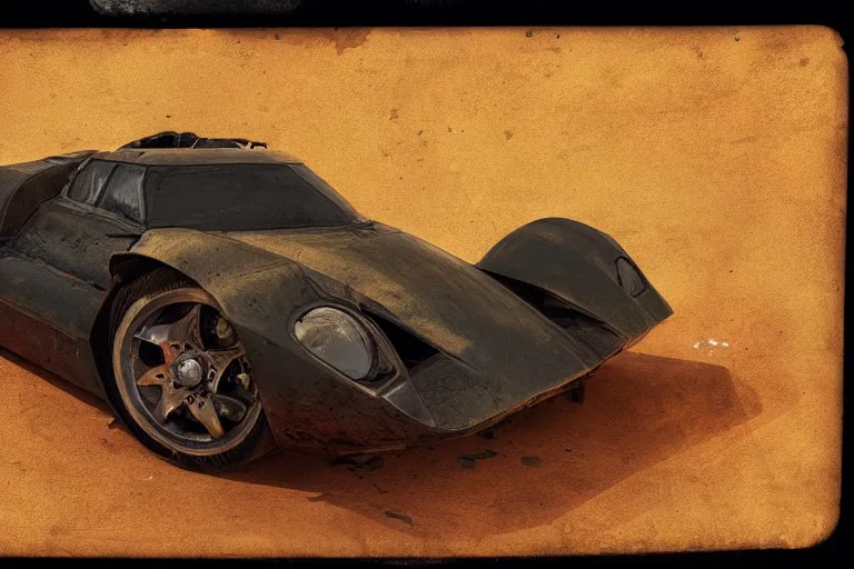 Image similar to rusty hypercar, painted by hector garrido and derek riggs, trending on artstation, volumetric lighting rear view profile picture, daguerreotype, still life, figurativism, socialist realism