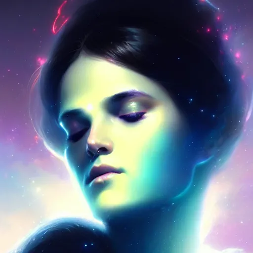 Prompt: a beautiful portrait of a cosmic goddess with closed eyes by greg rutkowski and raymond swanland, trending on artstation, nebula background, ultra realistic digital art