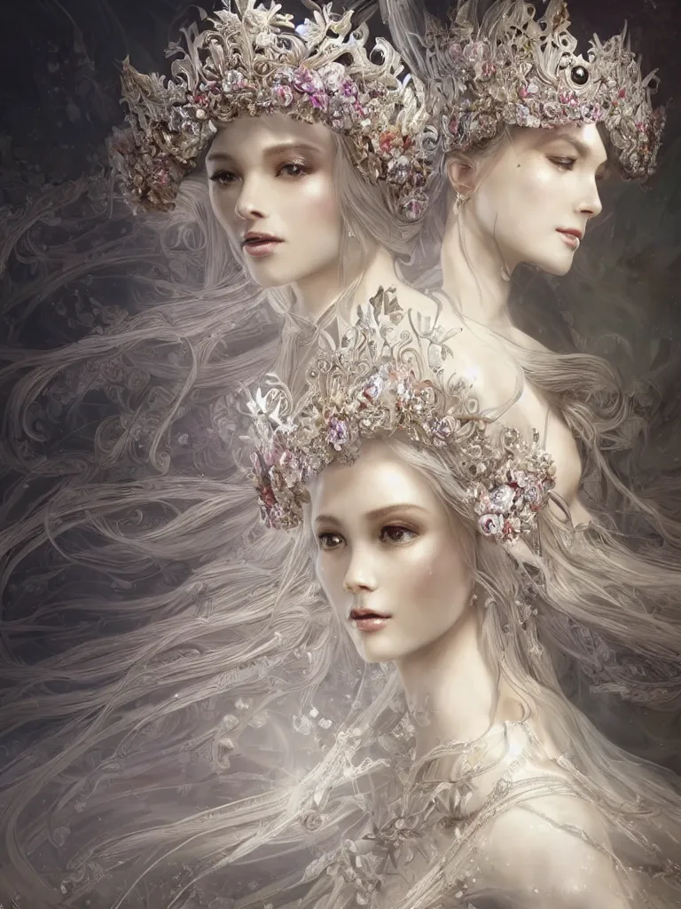 Image similar to A beautiful fantasy empress, highly detailed full body, detailed intricate white flower tiara, wearing aristocrat robe, highly detailed figure, fractal crystal, epic composition, ultra wide-shot, dynamic pose, concept art, beautifully lit, digital painting, smooth, desaturated color theme, character design, sharp focus, elegant, intricate, post processing, artstation, by WLOP, mucha, James Jean, Victo Ngai, ryohei hase