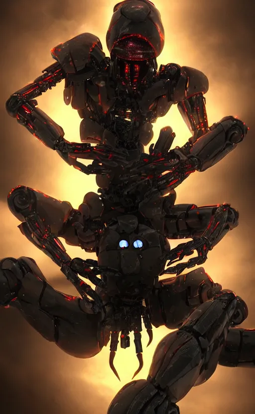 Image similar to a robot humanoid spider in a city, with 4 arms with claws, glowing red eyes, in a black carbon and red fiber armor, smiling creepily, dynamic lighting, photorealistic fantasy concept art, trending on art station, stunning visuals, creative, cinematic, ultra detailed