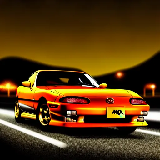 Prompt: a car Mazda RX7 in middle of road, gunma prefecture, night city, cinematic color, photorealistic, highly detailed