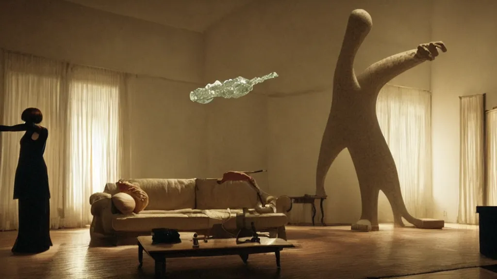 Prompt: a giant hand made of wax and water floats through the living room, film still from the movie directed by Denis Villeneuve with art direction by Junji Ito, wide lens